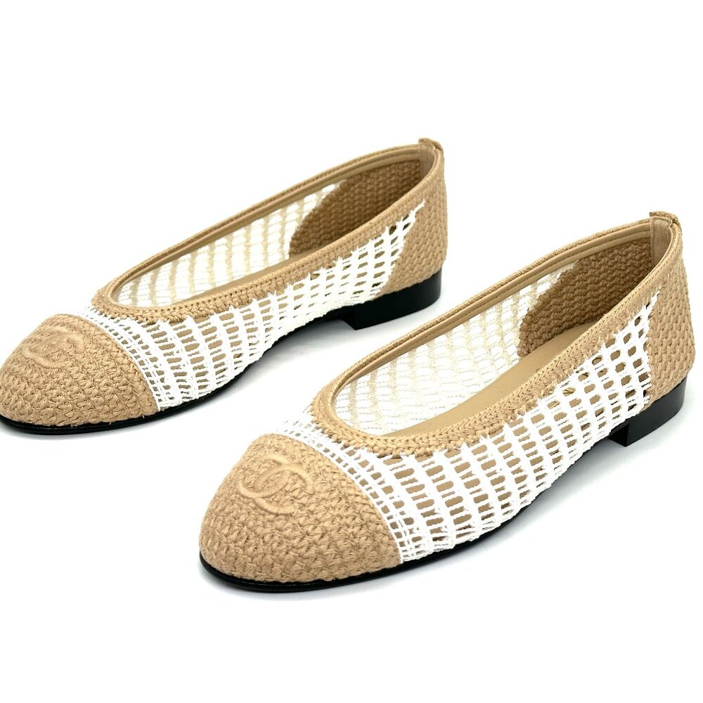 CHANEL REV CC Raffia Crochet Woven Two Tone Cap Toe Ballerina Ballet Flats - Picture 13 of 14